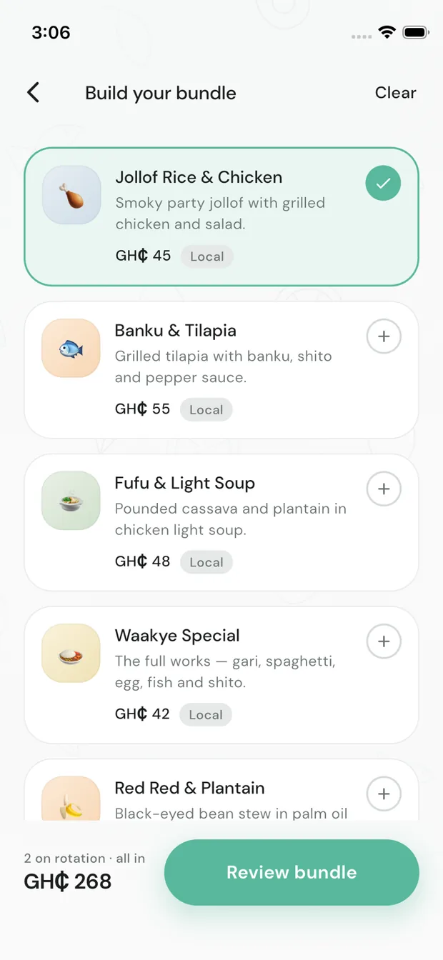 AltaBite bundle builder listing Jollof Rice & Chicken, Banku & Tilapia, Fufu & Light Soup and Waakye Special with prices and a running total of GH₵268.