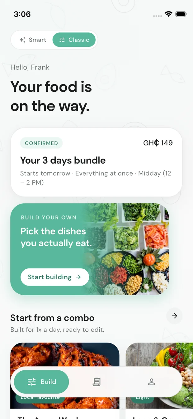 The AltaBite app home screen showing a confirmed 3-day bundle for GH₵149 and a Build your own card.