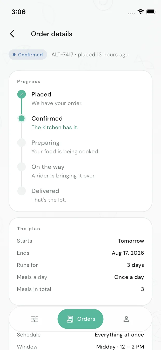 AltaBite order details screen with a progress timeline from Placed to Delivered and a plan summary.