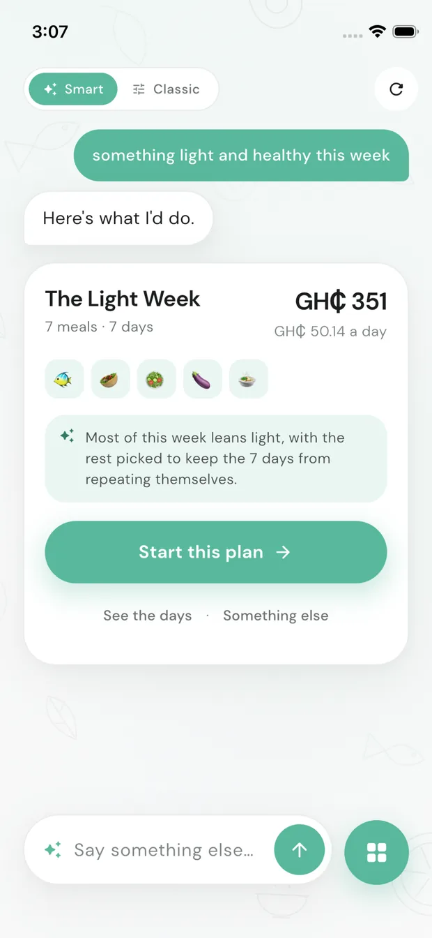 AltaBite Smart mode: asking for something light and healthy this week returns The Light Week, 7 meals over 7 days for GH₵351.